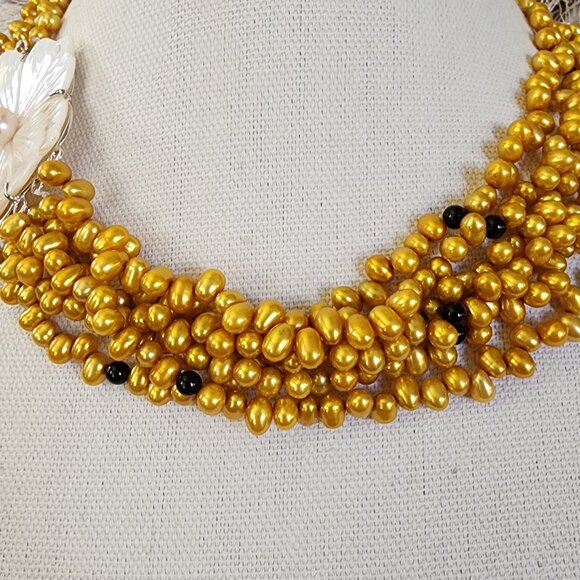 Multi Strand Freshwater Gold Pearl Necklace Choker 925 Sterling Silver Clasp - Picture 7 of 11